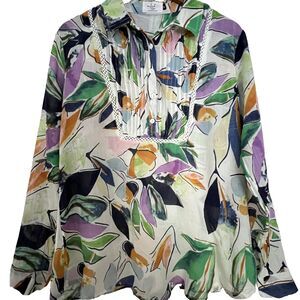 Homebody Peasant Top XL Cotton pleated floral Convertible Roll up Long Sleeve